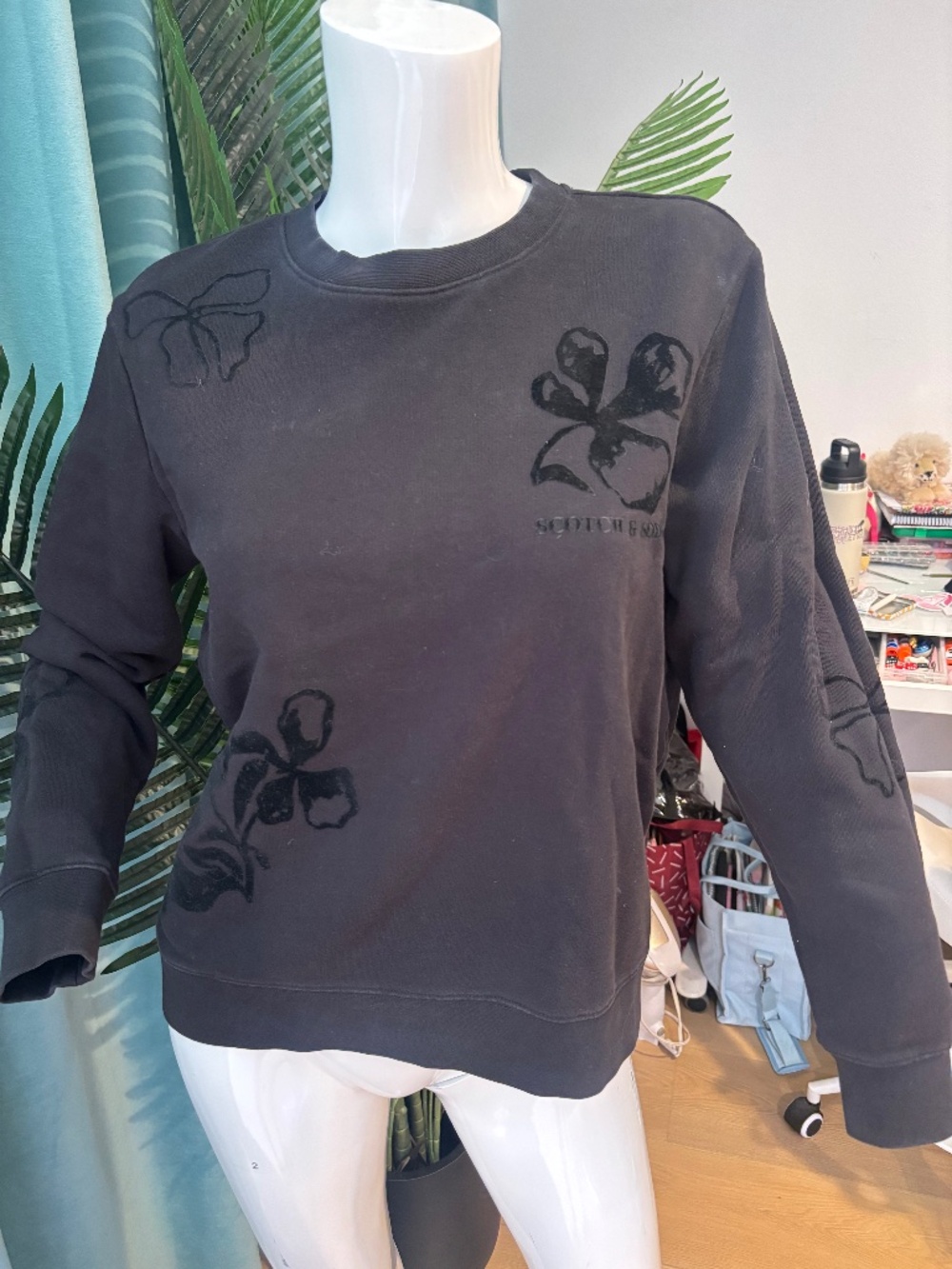 Scotch & Soda Washed Black Sweatshirt with Velvet Bow Detailing